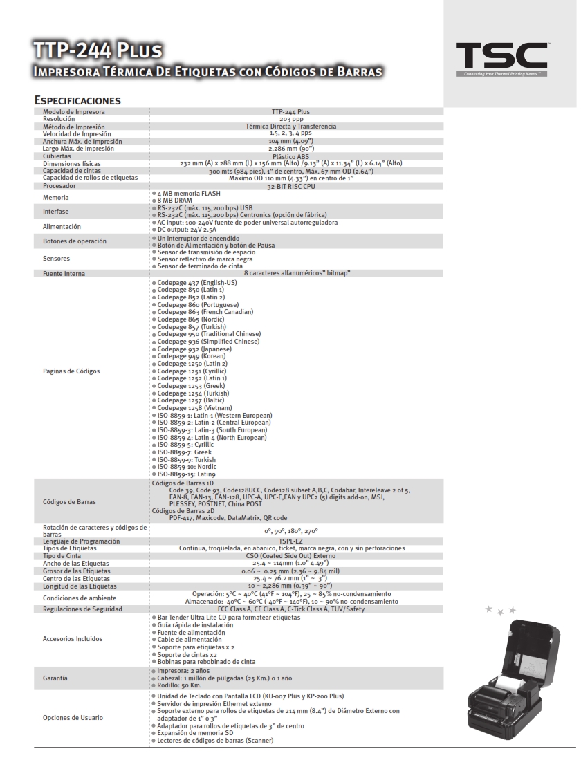 IMPRESORA DE ETIQUETAS TSC TTP244 PLUS TTTD. 002